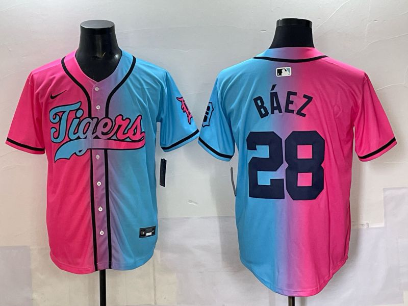 Men 2025 Detroit Tigers 28 Baez Blue pink Game Nike MLB Jersey style 01